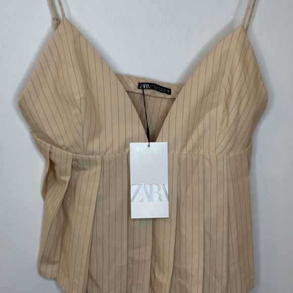 NWT Zara Striped Print Pleated Cropped Peplum Babydoll Cami Top - Picture 7 of 8